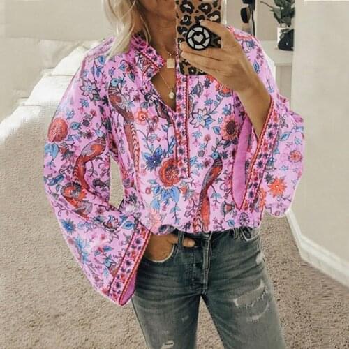 Ethnic Style Blouse Womens Casual Vintage Floral Printed Long Sleeve Sexy V Neck Shirts Oversize Autumn Loose Blouses Tops