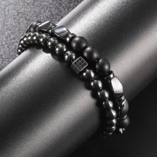 Black Stone beads bracelet copper square 2pcs/set Men armband pulseira mens jewelry accesorios hombre bracelets homme bijoux