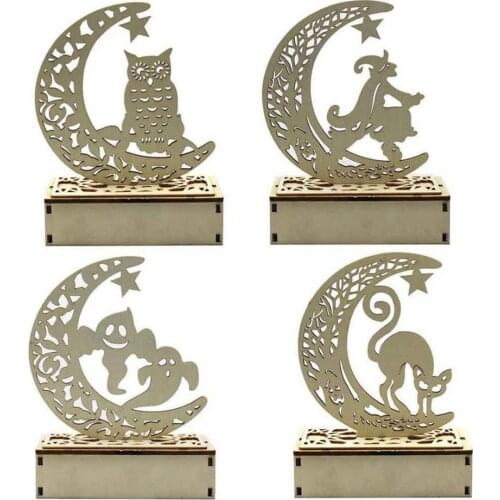 Halloween Wooden DIY Ornaments with Night Light Halloween Moon Shaped LED Ornament Decorative Party Decorations