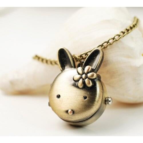 Drop Shipping Retro Bronze Quartz Pocket Watch Rabbit Pendant Necklace Watches Women Men Children Gift Steampunk Jewelry