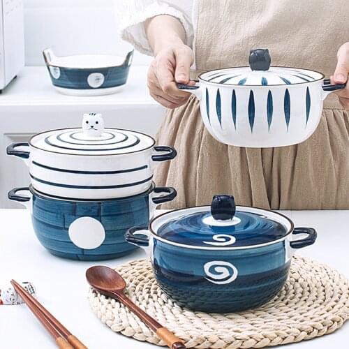Ceramic noodle pot with lid, Japanese style, capacity for 1 person, soup, noodles, vegetables, salad bowl TCMW01