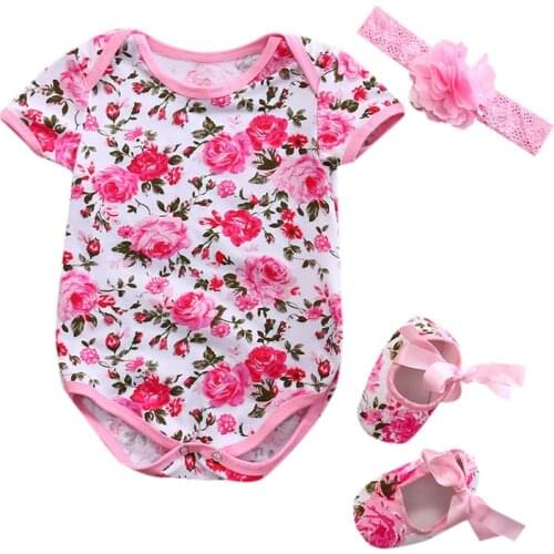 Summer Newborn Baby Girl Clothes Floral Leopard Romper Short Sleeve Jumpsuit+Shoe+Hairband 3Pcs Outfits Set