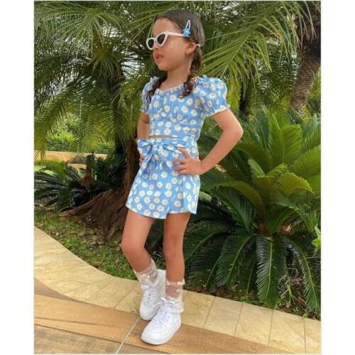 2Pcs Little Girls Outfit, Summer Creative Daisy Printing Stringy Selvedge Short Sleeve Button Tops + Pantskirt Set, 1-6Years
