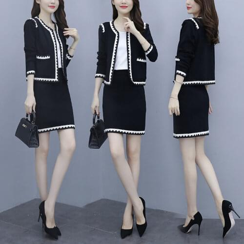 Plus Size Womens 2021 Spring New Ladies Temperament Sweater Jacket Cardigan Tops And Skirt Two Piece Suit Slim Outfits zh253