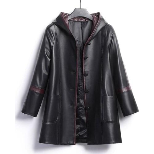 High quality Oversize Real Leather Coat Middle aged Women Hooded Sheepskin Jackets Female Plus size M-9XL Natural Leather Jacket