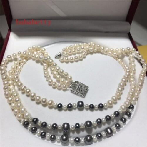 New 3 Row Natural Freshwater Pearl 6-7MM White Potato Shaped Pearl Near Round Black Pearl Necklace 18