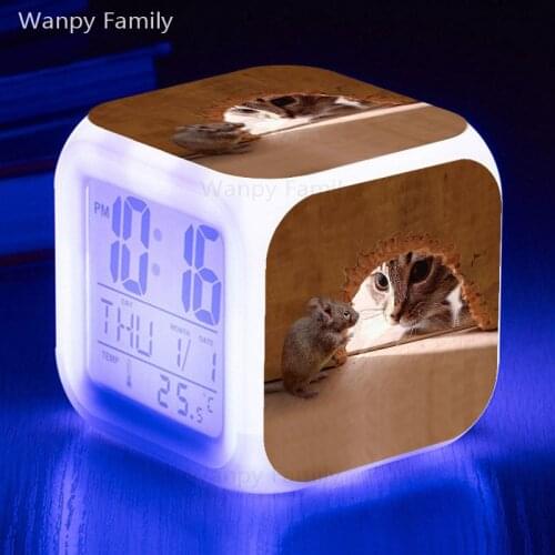 Very Cute Cat Mouse Alarm Clock 7 Color Glowing LED Big screen Digital Alarm Clock Kids Birthday Multifunction Electronic Clock