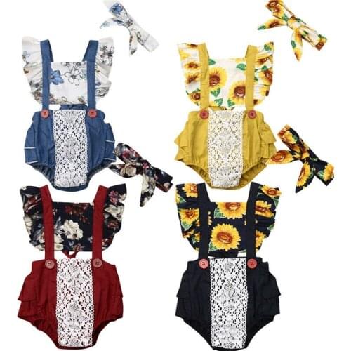 Dropshipping New 2Pcs Newborn Baby Girls SunFlower Romper Lace Sunsuit Outfits Summer Clothes