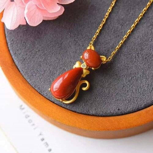 Silver inlaid natural south red tourmaline Cat Pendant Necklace Chinese style retro elegant womens Christmas Halloween Gift
