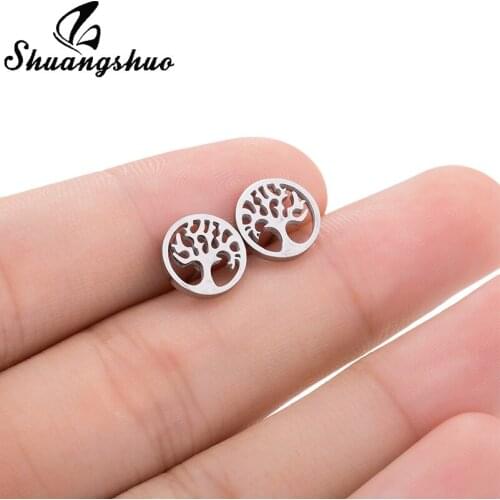 Shuangshuo Tree of Life Earrings for Women Hollow Tree Pattern Round Stud Earring Stainless Steel Jewelry moda mujer Pendientes