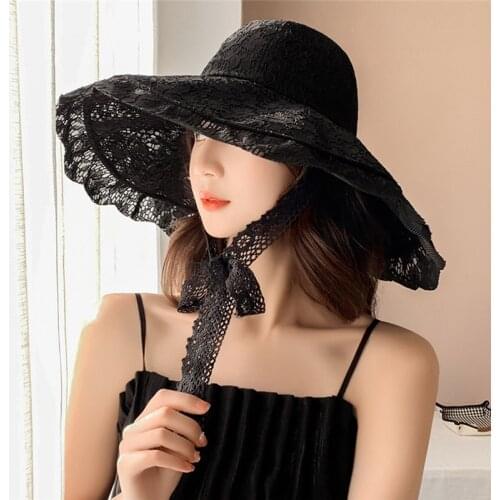 Fashion Floppy Lace Hat Summer Big Wide Brim Sun White Black Lace Party Wedding Packable Beach Hat