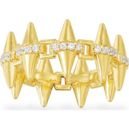 SOELLE Fashion Rock 925 Sterling Silver Yellow Gold Color Spike Rivet Finger Ring Micro Cubic Zirconia Women Gothic Jewelry