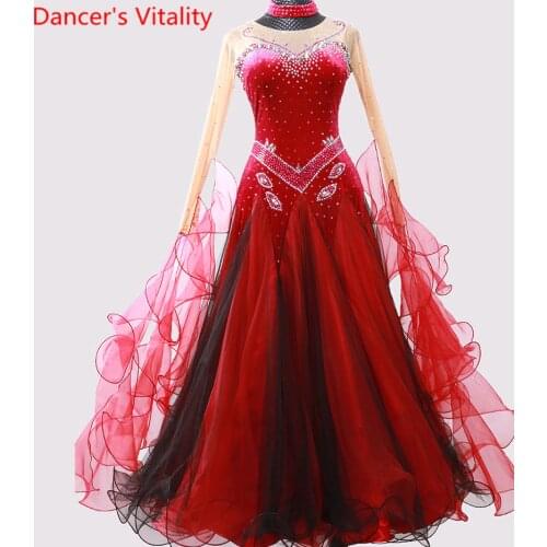 Modern Dance Competition Outfits Slap-up Diamond Splicing Ribbon Dress Ballroom Waltz Jazz National Standard Dancing Stage Suit
