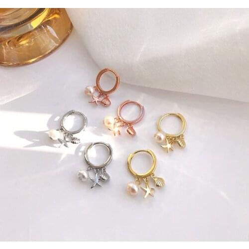 WTLTC Cute Drop Small Starfish Pearl Shell Hoop Earrings 925 Sterling Sliver Piercing Earrings Minimal Tiny Charms Earrings New