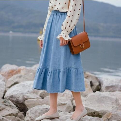 Japan Style Solid Ruffles A-Line Denim Skirt 2020 Summer Casual Loose Empire Sweet Girl Skirt Vestido Plus Size M-7XL