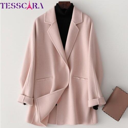 TESSCARA Women Autumn Winter Elegant Wool Blend Basic Jacket Coat Female High Quality Pink Cashmere Jackets Outerwear & Coats