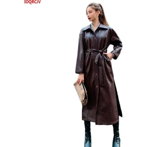 Cool PU Leather X-Long Jacket 2019 New Autumn Women Loose Belt PU Leather Windbreaker Trench Coat Slim Winter Jacket brown W1708