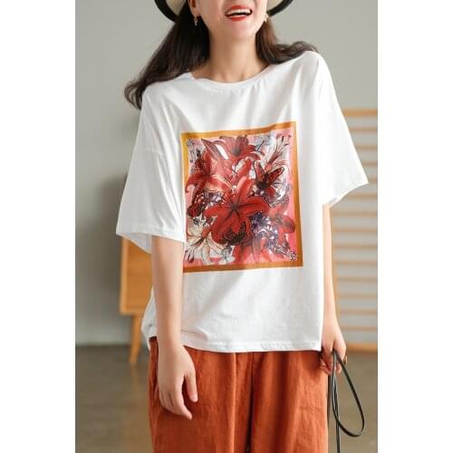 New Women Tshirts Summer Loose Casual Print Cotton Ice Silk Oversize Female Wild Tees Fashion