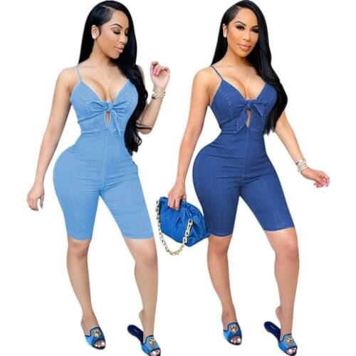 Womens Summer High Elastic Denim Bow Suspender One-piece Pants Rompers Womens Jumpsuit Overalls