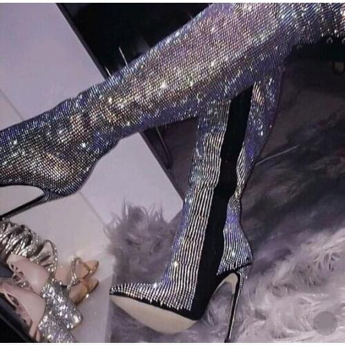 Bling Bling Crystal Over Knee Boots High Heel Pointed Toe Long Boots Black Leather Lace-up Fashion Runway Boots Size 45