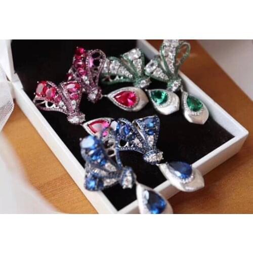 Water drop earring cubic zircon 925 sterling silver fine women jewelry for party wedding red green blue color free shipping