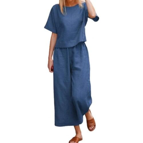 Women New Casual Two Piece Sets Summer Solid Loose Outfits Elegant O-Neck Tops And Loose Pants Suits Ladies Fashion Streetwear