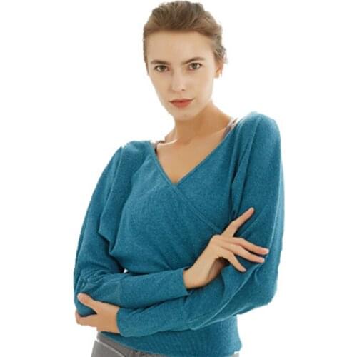 Women Long Sleeve Ballet Knitted Sweater Tops Autumn Winter V-Neck Yoga Sport Fitness T-Shirt Cardigan For Dance