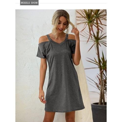Solid Colour Simple Type Sexy Off-the-shoulder Loose Summer Womens Dress Patchwork V-neck A-line Gentle Mature Ladies Dresses