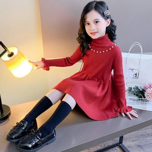 Fashion Girls Sweater Dress Turtlneck Christmas New Year Sweaters Kids Knitwear For Teenagers Knitted Pullovers Dress 5-14 Years