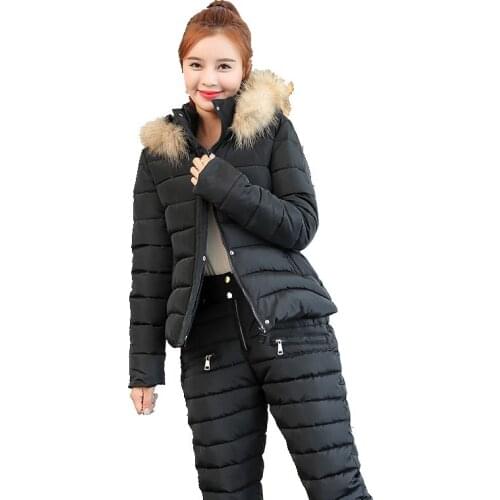 Winter Suit Women Suits Fashion Down Cotton Coat Winter Thick Hooded Parkas Jacket & Casual Warm Trousers 2 Pieces Suit Sets C48