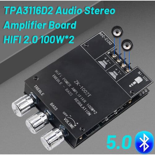 ZK-1002T TPA3116D2 Bluetooth 5.0 Subwoofer Amplifier Board 2*100W 2.0 Channel High Power Audio Stereo Amplifier Board Bass AMP