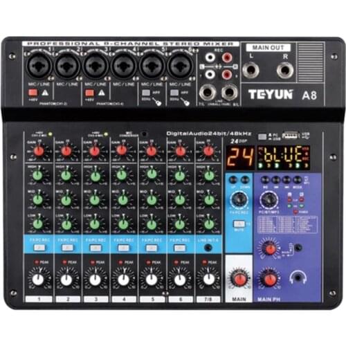 Sound Card Audio Mixer Sound Board Console Desk System Interface 8 Channel USB Bluetooth 48V Power Stereo (Us Plug)