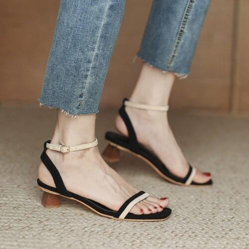 2021 Mixed Color gladiator sandals women summer shoes woman buckle strap sandales retro square toe wood heels sandalias mujer