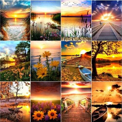 AZQSD 5D Diamond Painting New Arrivals Sunset Full Square Drill Needlework Diamond Embroidery Landscape Mosaic Handmade Gift