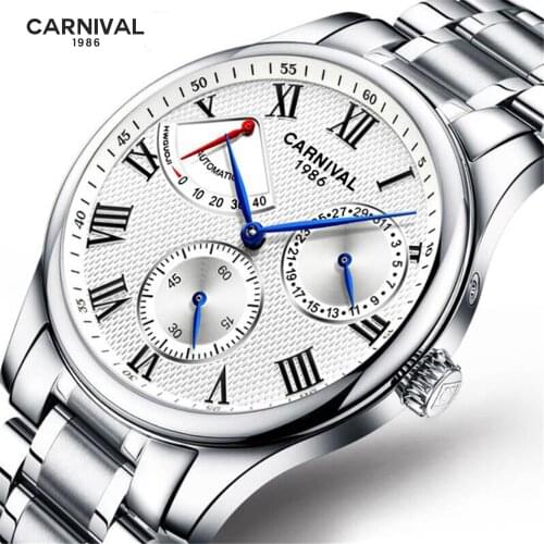 Automatic Mechanical Watch CARNIVAL Switzerland Fashion Stainless Steel Sport Man Luxury Brand Watch Kinetic Energy Display