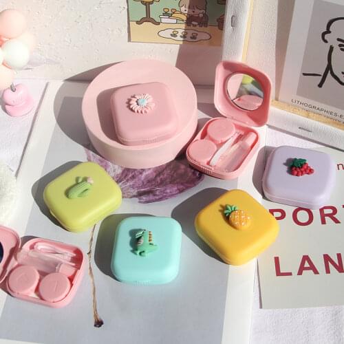 2021 Contact Lens Cases Box with Mirror Cute Girl Fruit Women Mini Lovely Eyes Contact Lenses Case Container Box Travel Kit Set
