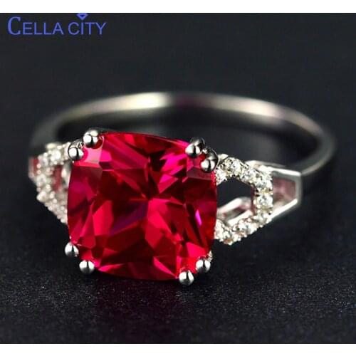Cellacity classic silver 925 ring with square ruby/emerald gemstone charm women silver Jewlery Engagement Lady Gift size 6-10