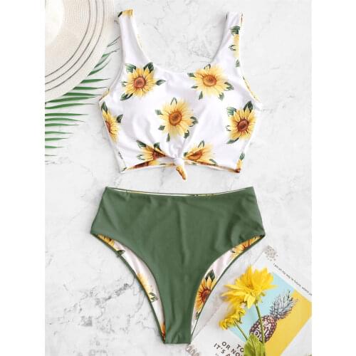 High Waist Bikini Set 2019 Sunflower Printed Push Up Padded Crop Top Swimwear Women Front Tie Bathing Suit Swimming Suit Bikinis
