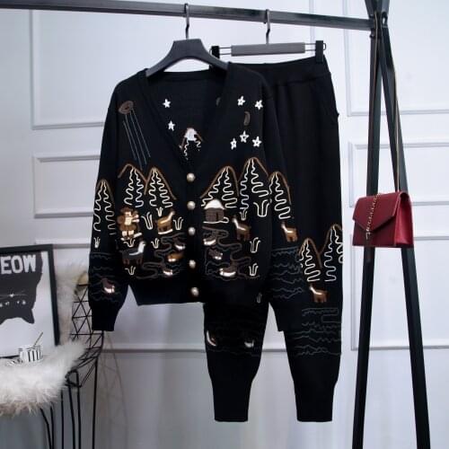 High Quality womens leisure suit 2020 Autumn women fasshion embroidery V-neck cardigans coat +casual pants two piece set C414