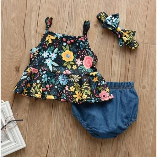 Baby Girl’s Summer Three Piece Set Fashion Flower Suspender Shirt Tops Solid Color Short Pants with Headband Babys Sets
