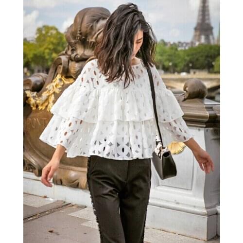 Fashion New women elegant white Lace Hollow Out short Blouse casual Ruffle Circle shirts O-neck sleeve brand tops