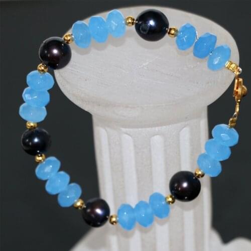 Original 5*8mm natural blue jades stone chalcedony abacus black pearl 8-9mm beads charms bracelets women jewelry 7.5inch B2959