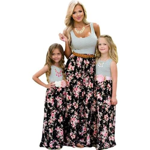 Mother Daughter Macthing Dresses Family Set Flower Striped Mom Mum Baby Mommy and Me Clothes Fashion Women Girls Cotton Dress