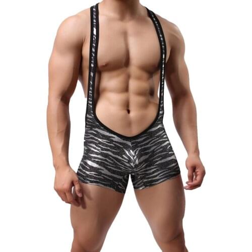 Sexy Mens Leopard Bodysuit Strecth One Piece Sexy Gay Underwear Jockstrap Wrestling Singlets Underwear Strap Jumpsuit