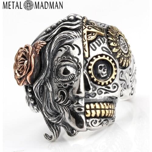 Punk Two Face Devil 925 Sterling Silver Skull Ring Evil Eyes Skeleton Vintage Ring for Men Women Lovers Jewelry
