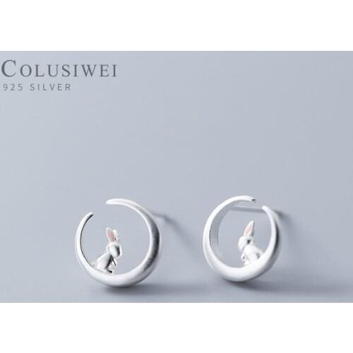 Colusiwei 3 color Lovely Rabbit Stud Earrings for Women Fashion Moon Ear Studs 925 Sterling Silver Jewelry for Kids Anti-allergy