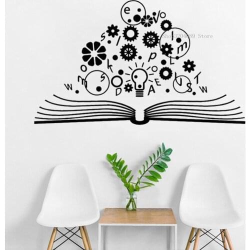 School Brain Science Lamp Gears Physics Wall Sticker Vinyl Open Book Laboratory Study Room Decor Art Removable Mural CN538
