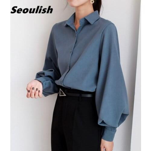 Seoulish Autumn Winter Solid Casual Lantern Sleeve Womens Blouse Long Sleeve Single Breasted Office Elegant Loose Shirts Female