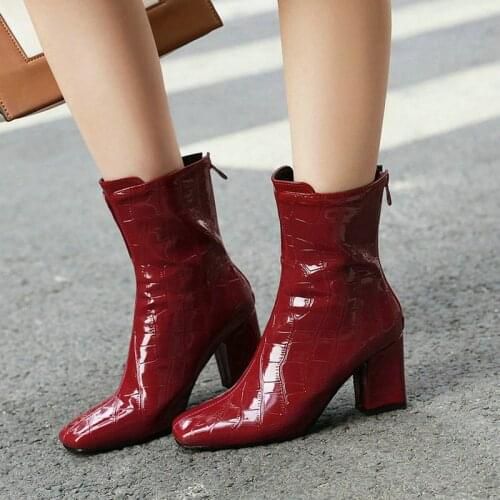 2020 PU Leather Women Ankle Boots Thick Heel Back Zipper Women Boots Square Toe Women Party Boots Black Red White