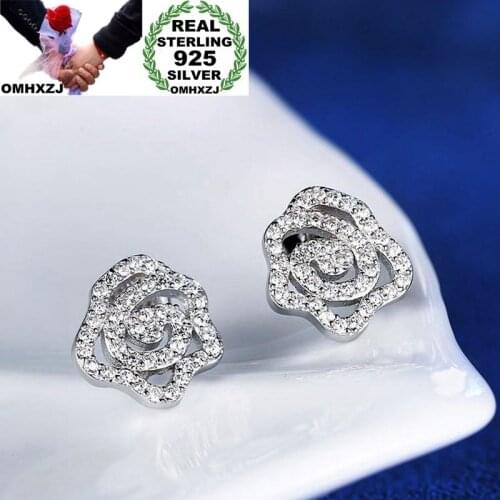 OMHXZJ Wholesale European Fashion Woman Girl Party Wedding Gift Rose White AAA Zircon 925 Sterling Silver Stud Earrings EA15